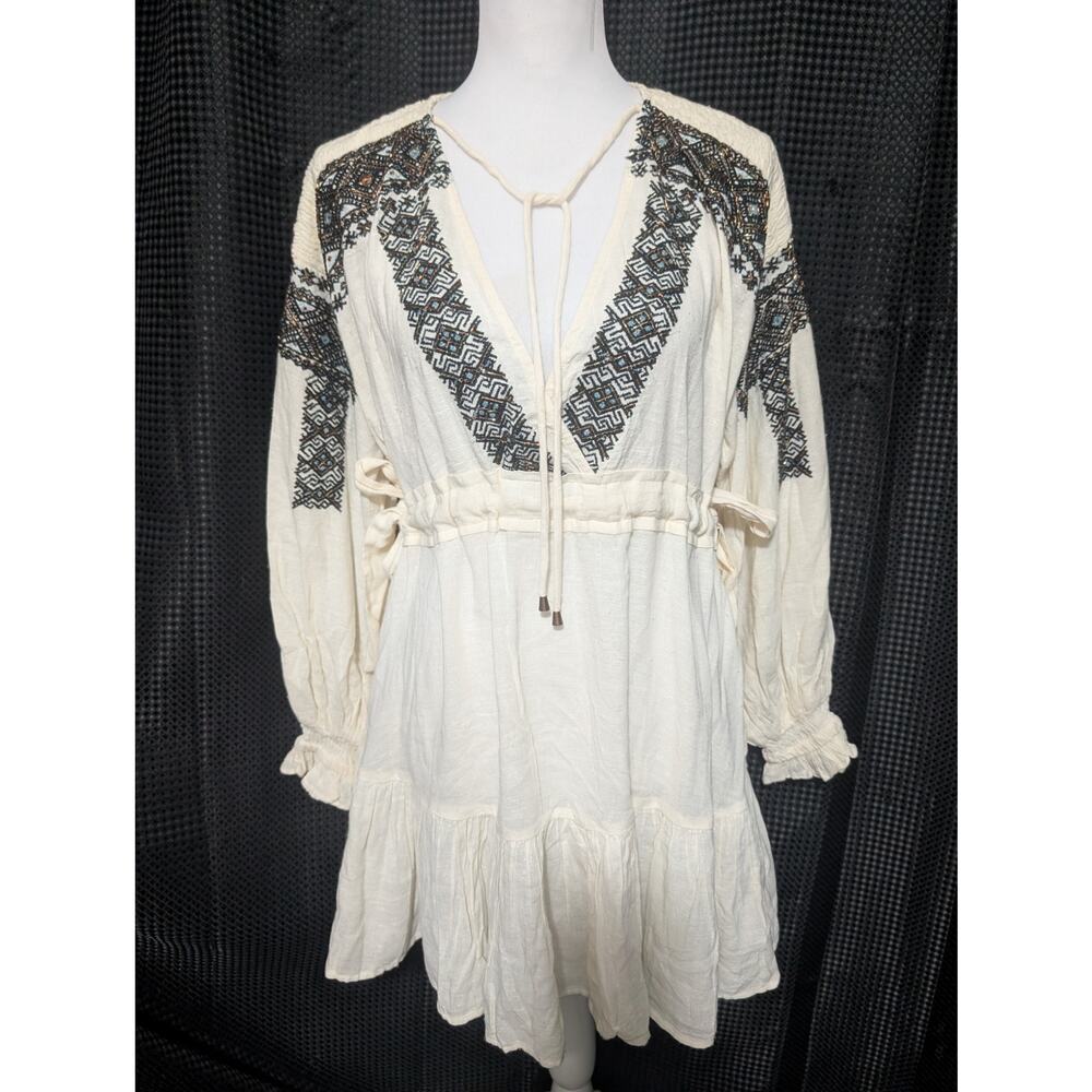 FREE PEOPLE! CREAM COTTON BLEND BEADED/EMBROIDERED BODICE BACK TIE DRESS! SZ S - Picture 2 of 12